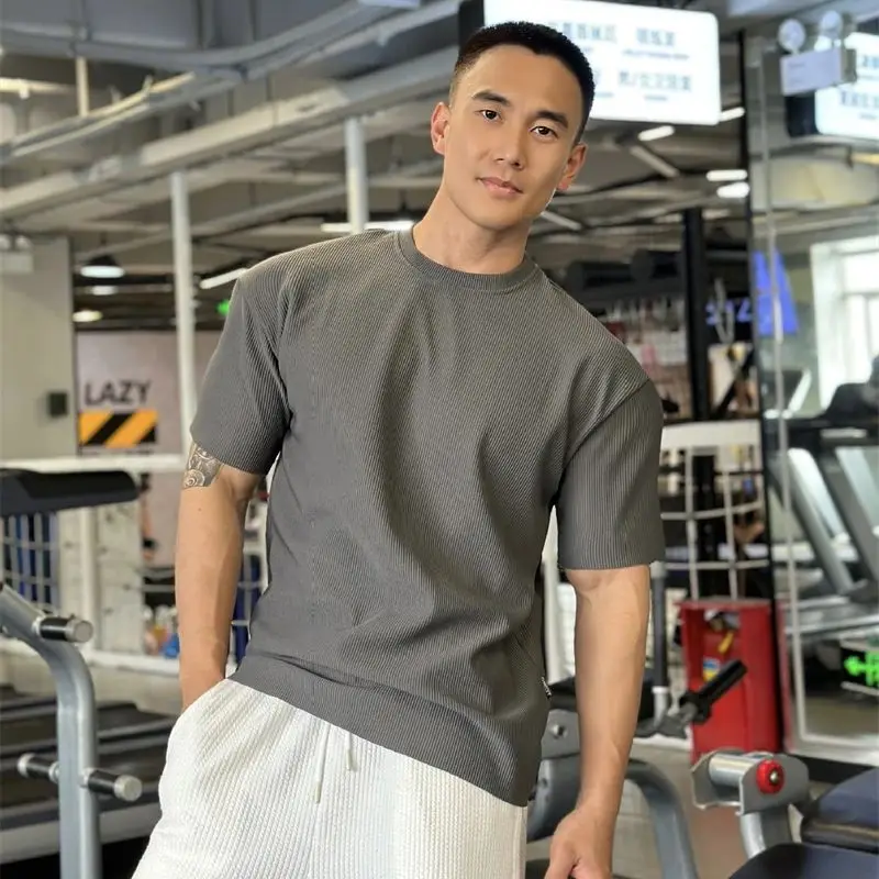 Gym exercise fitness elastic sportswear solid color casual street clothing outdoor round neck short sleeve T-shirt men's top