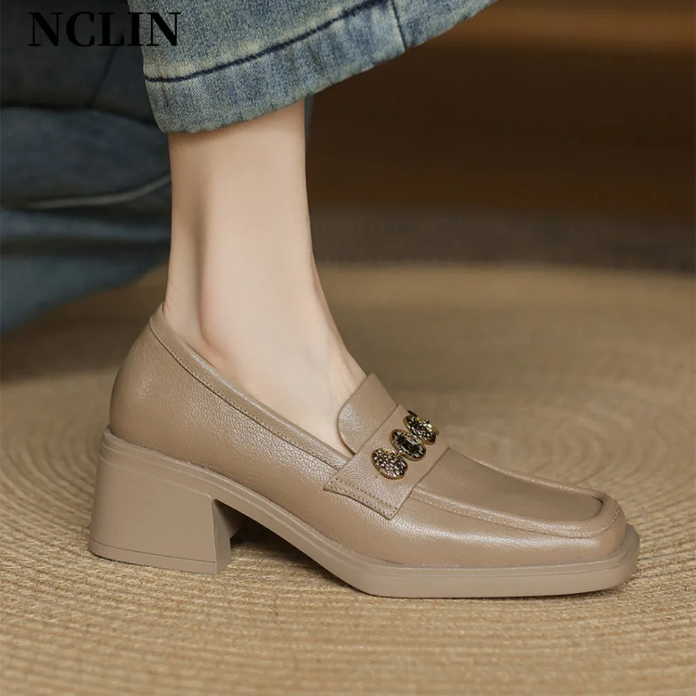 

Women's High Heels 2025 New Luxury Genuine Leather Shoes Fashion Block Heel Square Toe Heels Black Office Lady Slip-on Pumps