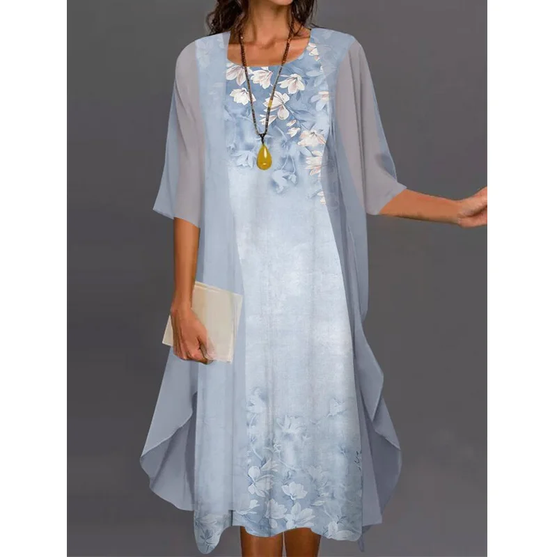 

Женское винтажное шифоновое платье с принтом, Повседневное платье из двух предметов с коротким рукавом, ТРАПЕЦИЕВИДНОЕ ПЛАТЬЕ МИДИ, на лето