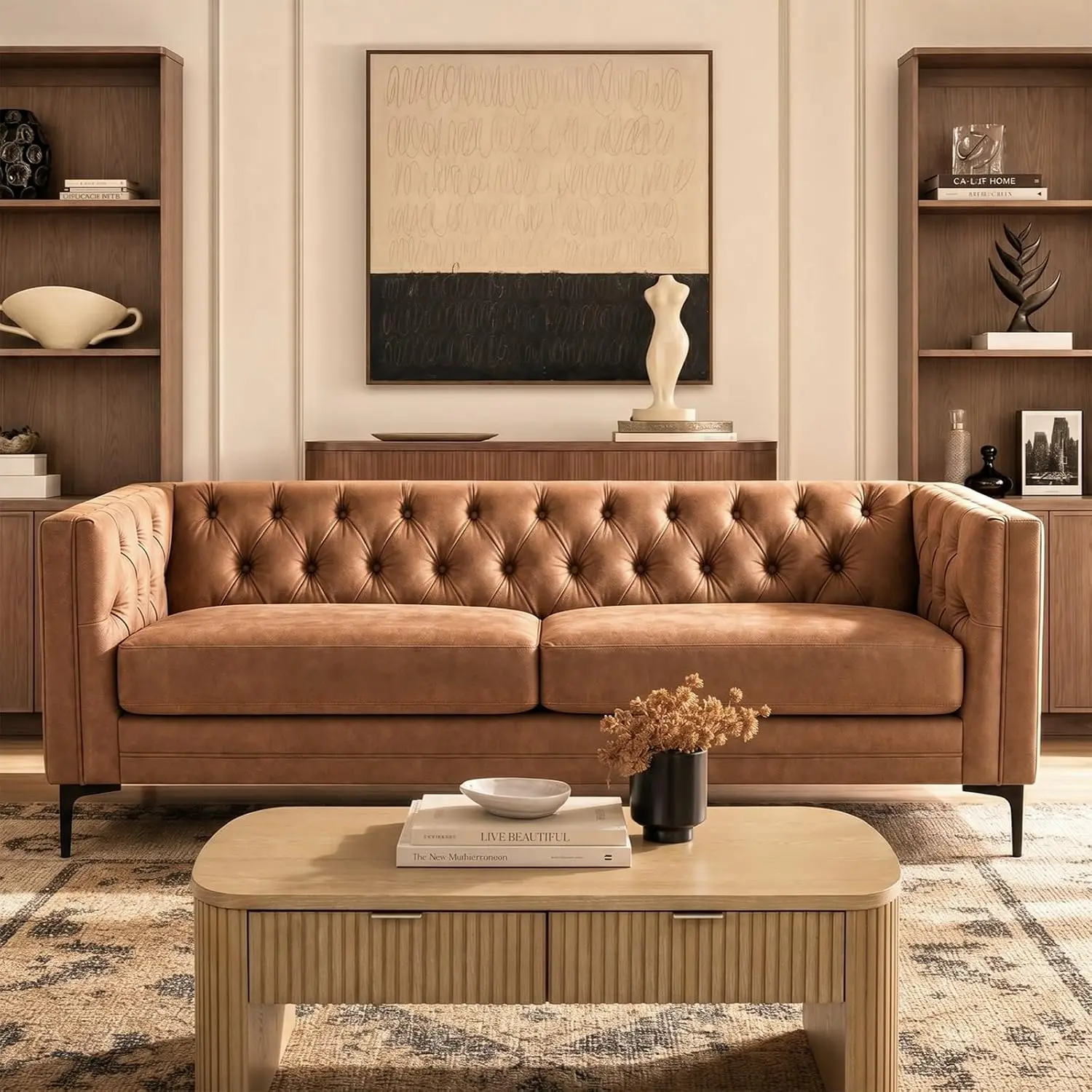 Mid Century Modern 3 Seater Faux Leather Sofa, Camel, Customized
