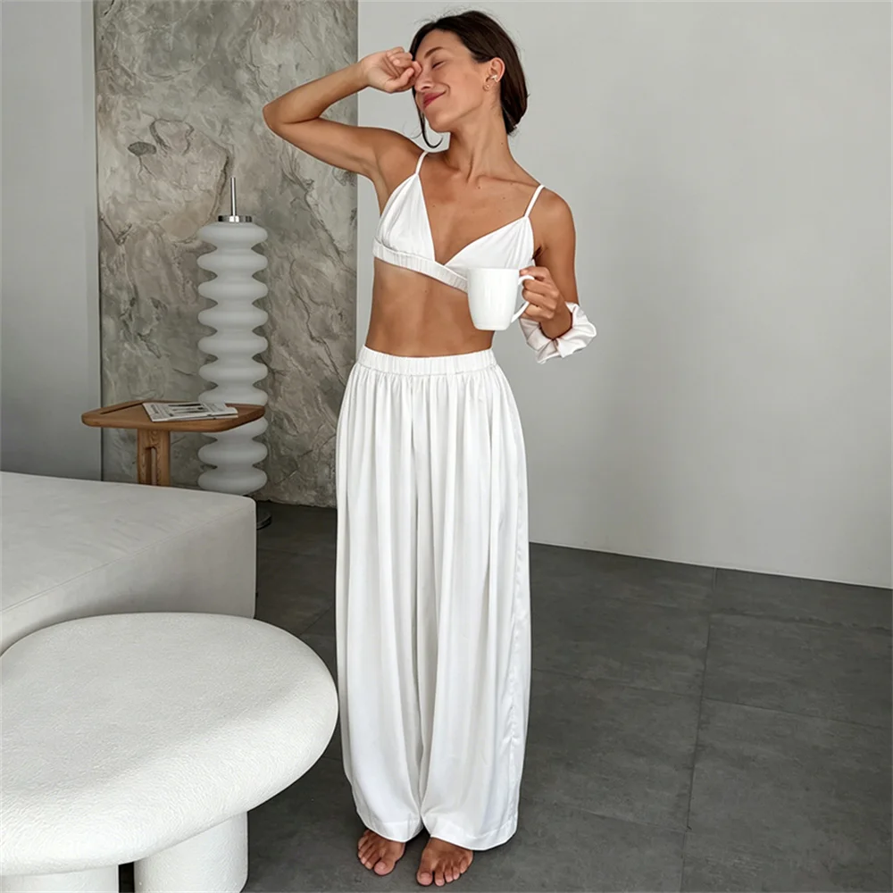 NEW Elegant Satin Trousers 2 Piece Set Pajamas Women Casual Crop Top Vest With Wide Leg Pants Suits Summer Sexy Sleepwear