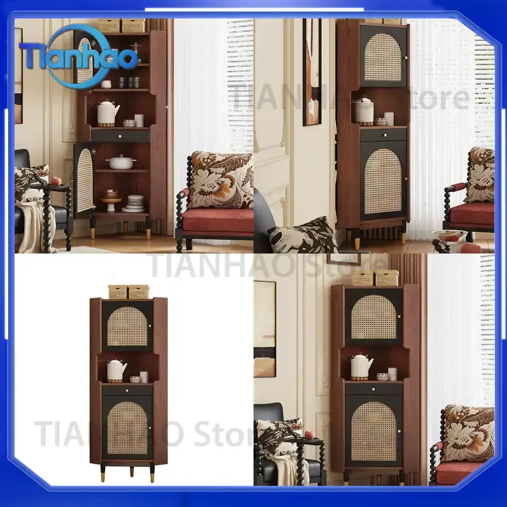 Retro Full Solid Wood Wicker Corner Cabinet for Mid Century Modern Style Color Block Display Shelf Triangular Corner Storage