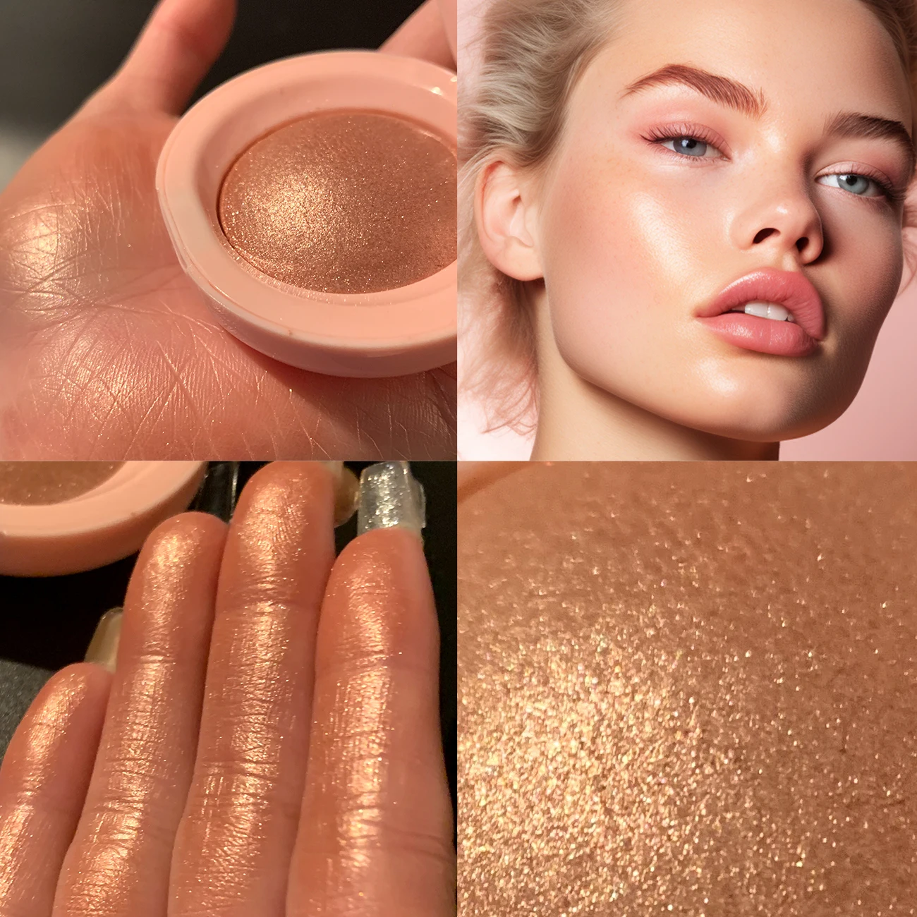 2pcs Baked Brighten Blush Highlighter, Waterproof, 24h Brilliant Lighten Skin Color, Shape Contour Pearl Shimmer Smooth Powder