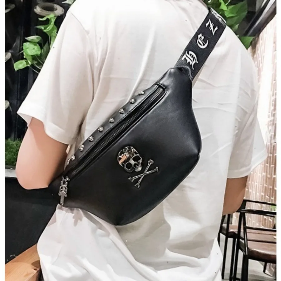 

Большая вместительная кожаная поясная сумка с черепом, повседневная поясная сумка с черепом, поясная сумка для мобильного телефона, мужская сумка через плечо с заклепками