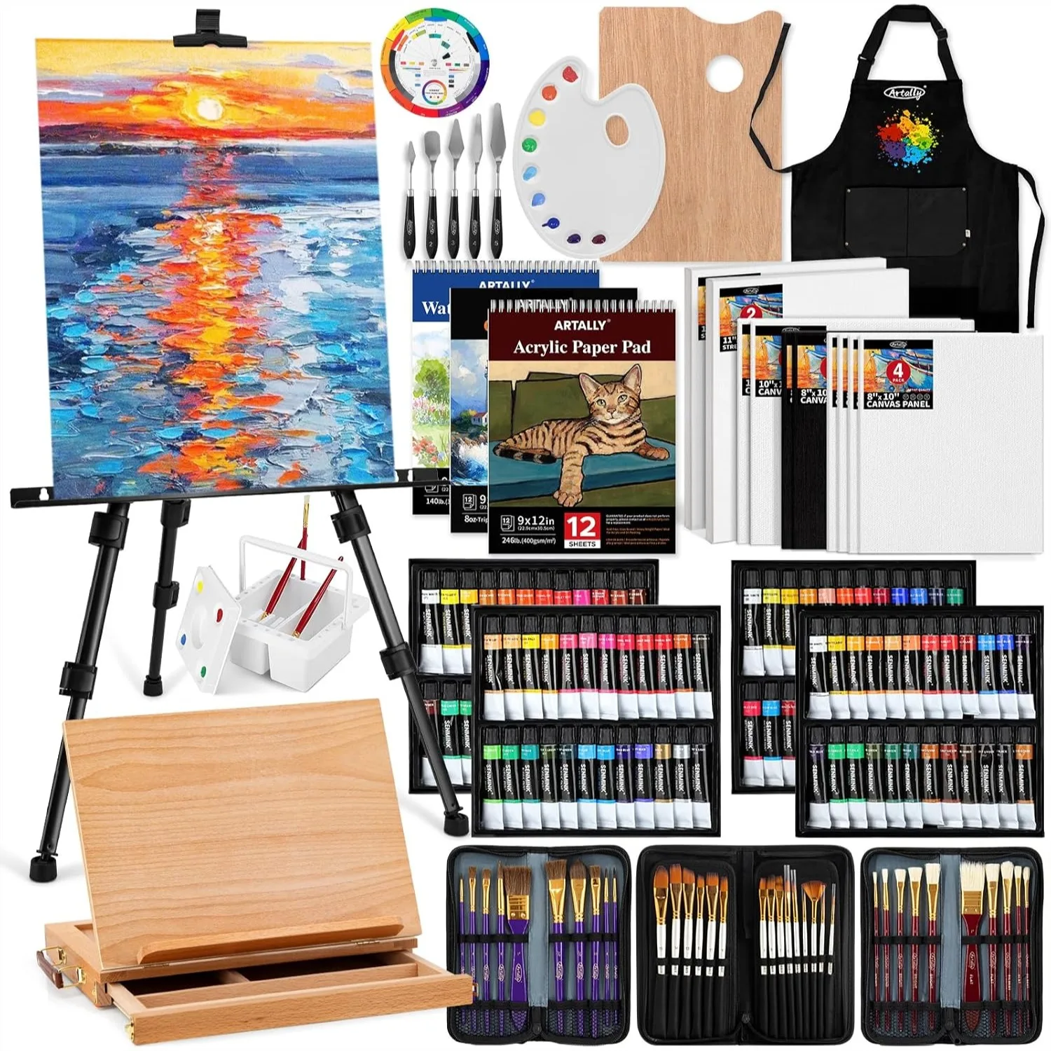 

187Pcs All-in-One Art Painting Kit with Aluminum & Beech Wood Easel, 96 Acrylic, Watercolor & Oil Paint Set for Adults, Artists