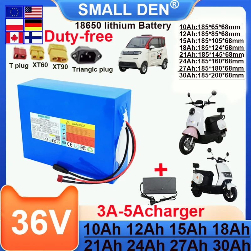 

New 36V 10Ah 12Ah 15Ah 18Ah 21Ah 24Ah 27Ah 30Ah 18650 Lithium Battery 10S3P-10P Built-in BMS 0-1000W 42V Electric Two Wheeled