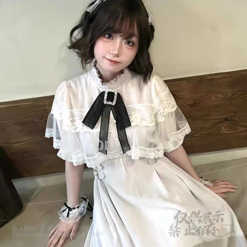 Velo japonés capa Jirai Kei Y2k vestido de encaje de doble capa con broche dulce niñas Kawaii temperamento sólido Vestidos mujeres Cos