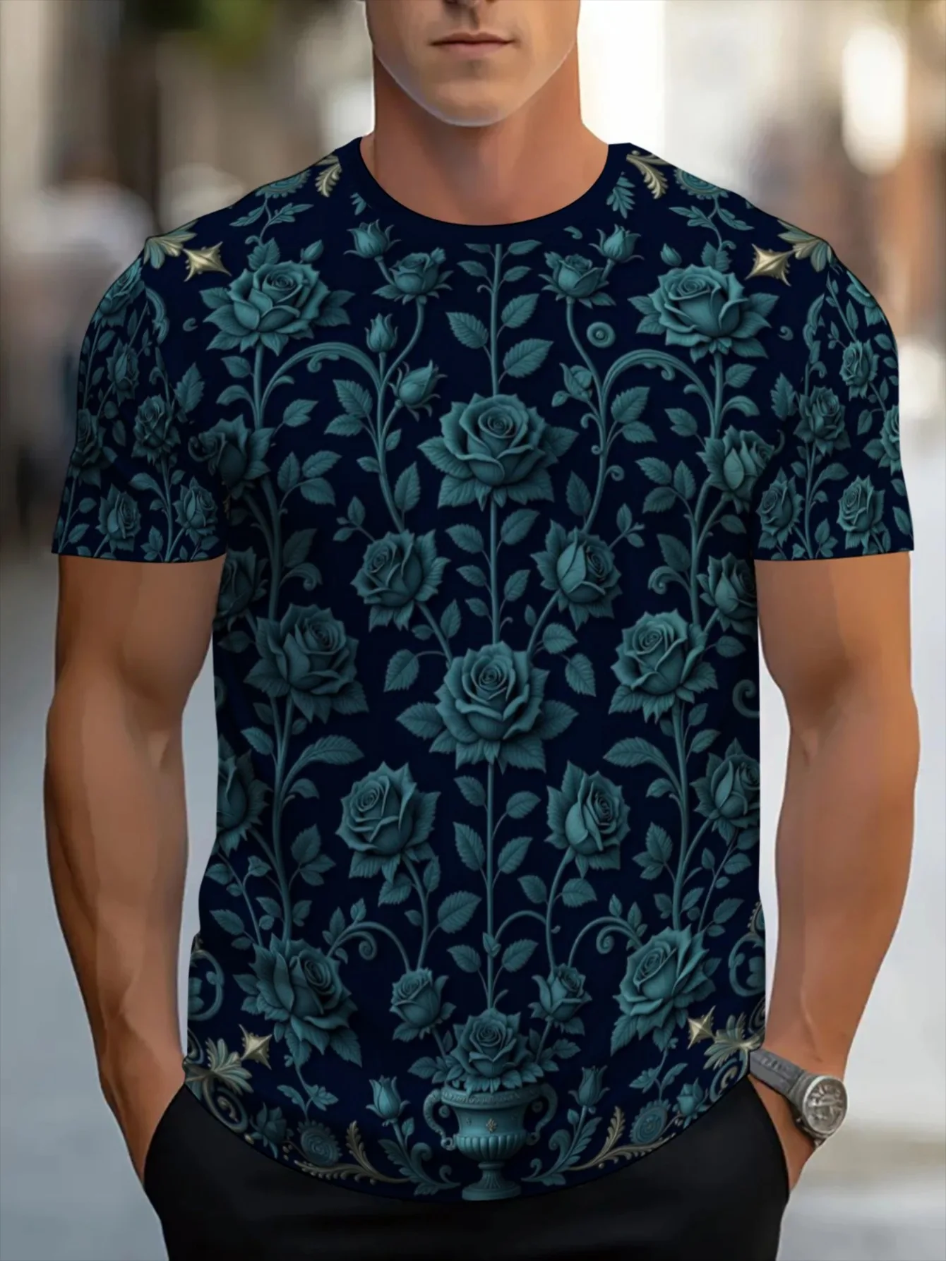 Men Dark Navy Teal Vintage Rose Vase Floral 3D Print Crew Neck T Shirt Outdoor Durable Short Sleeve Casual Tee