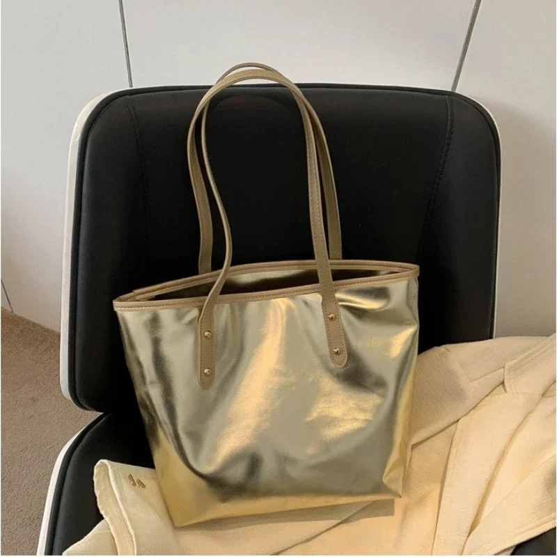 Fashion Large Capacity Tote Bags Handbag Gold Silver Nylon Soft Should Bag for Women Daily Supply Toiletry Storage Shopping Bag