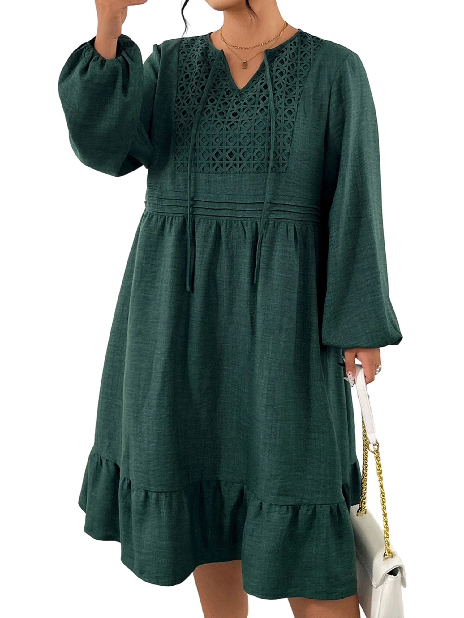 Damen Herbstkleid in Übergröße, Langarm, Rundhalsausschnitt, Hohe Taille, Midi-Kleid mit Bindeband