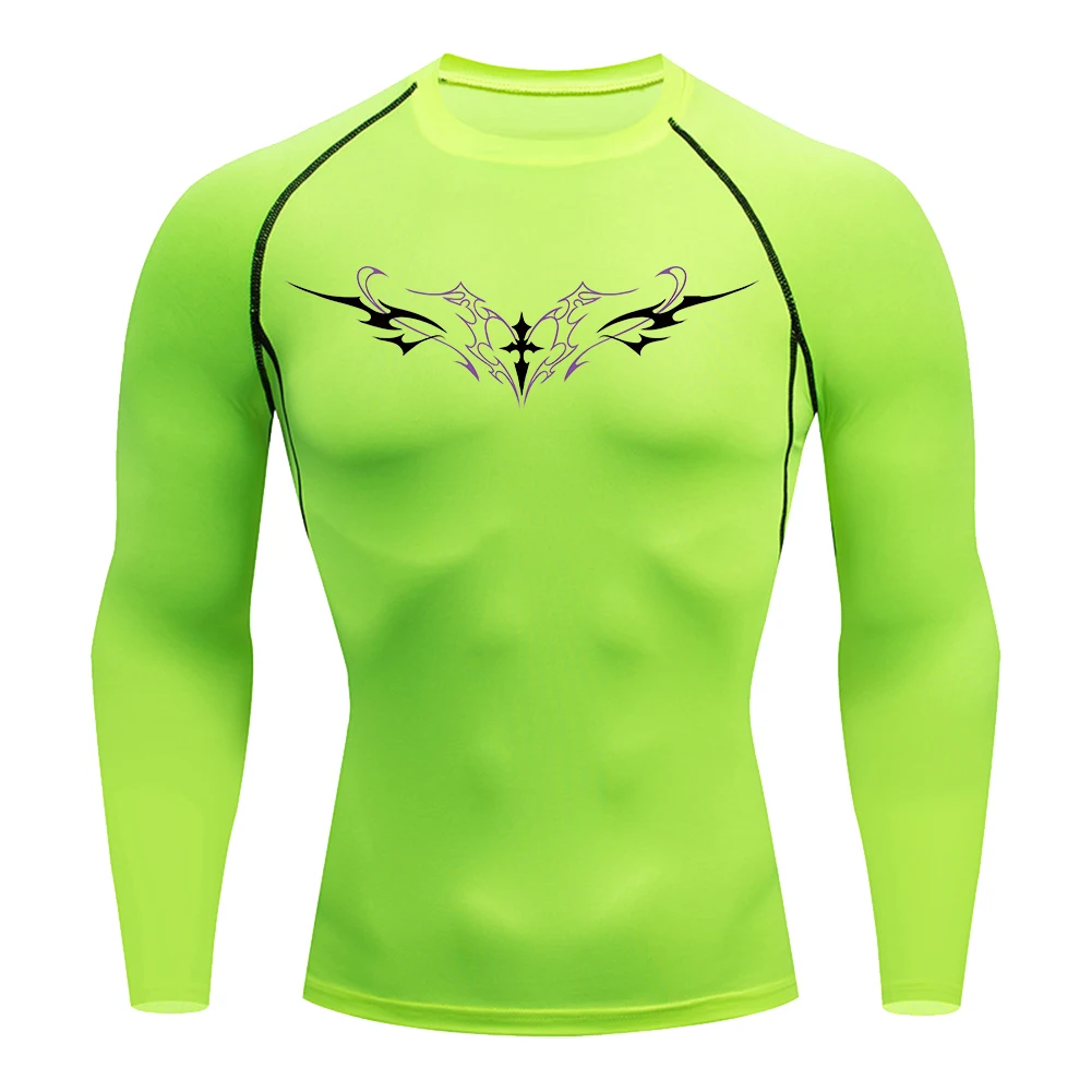 Men's Gothic Cross Wings Print Compression T-Shirt Elastic Quick Drying Long Sleeve Sports Fitness Training Running Base Shirt
