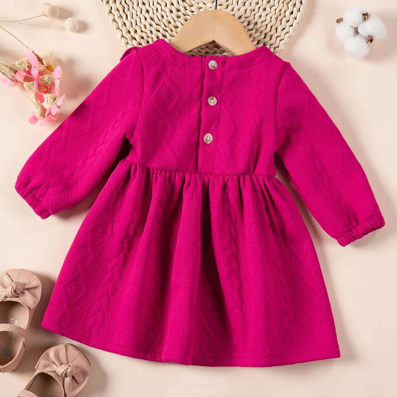 Hot selling Girl\'s Dress with Wooden Ear Edge Long Sleeve Skirt Solid Spring + Autumn Style Girl Baby Round Neck Princess Dress