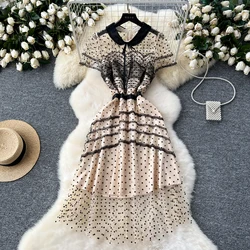 Chic vintage lace PATCHWORK mesh manica corta dot Dress Fashion coreano fashion Slim women summer dresses