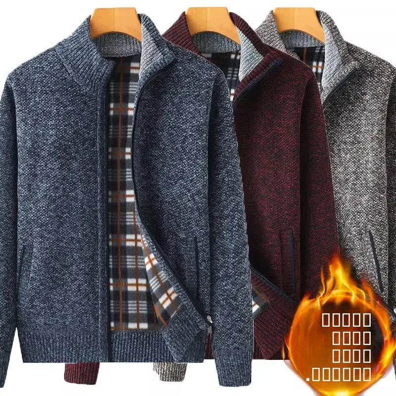 

Thiened Fce Men's Knitted Jaet Stand Collar Casual Open Cardigan Sweater Winter Warm Polyester Fiber Long Sve Coat