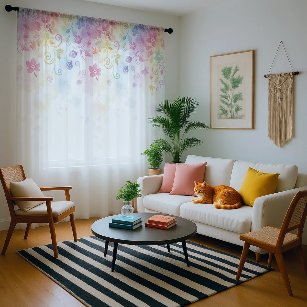 Rainbow Floral Gradient Print Sheer Curtain, Mother's Day 70% Light Filtering Privacy Sheer Curtain for Living Room Bedroom Stud - view 2