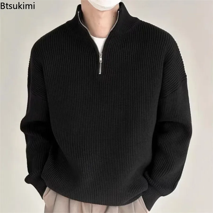 New Men's Autumn Winter Loose Pullovers Korean Style Stand Collar Half Zipper Sweater Male Temperament Versatile Knitted Sweater