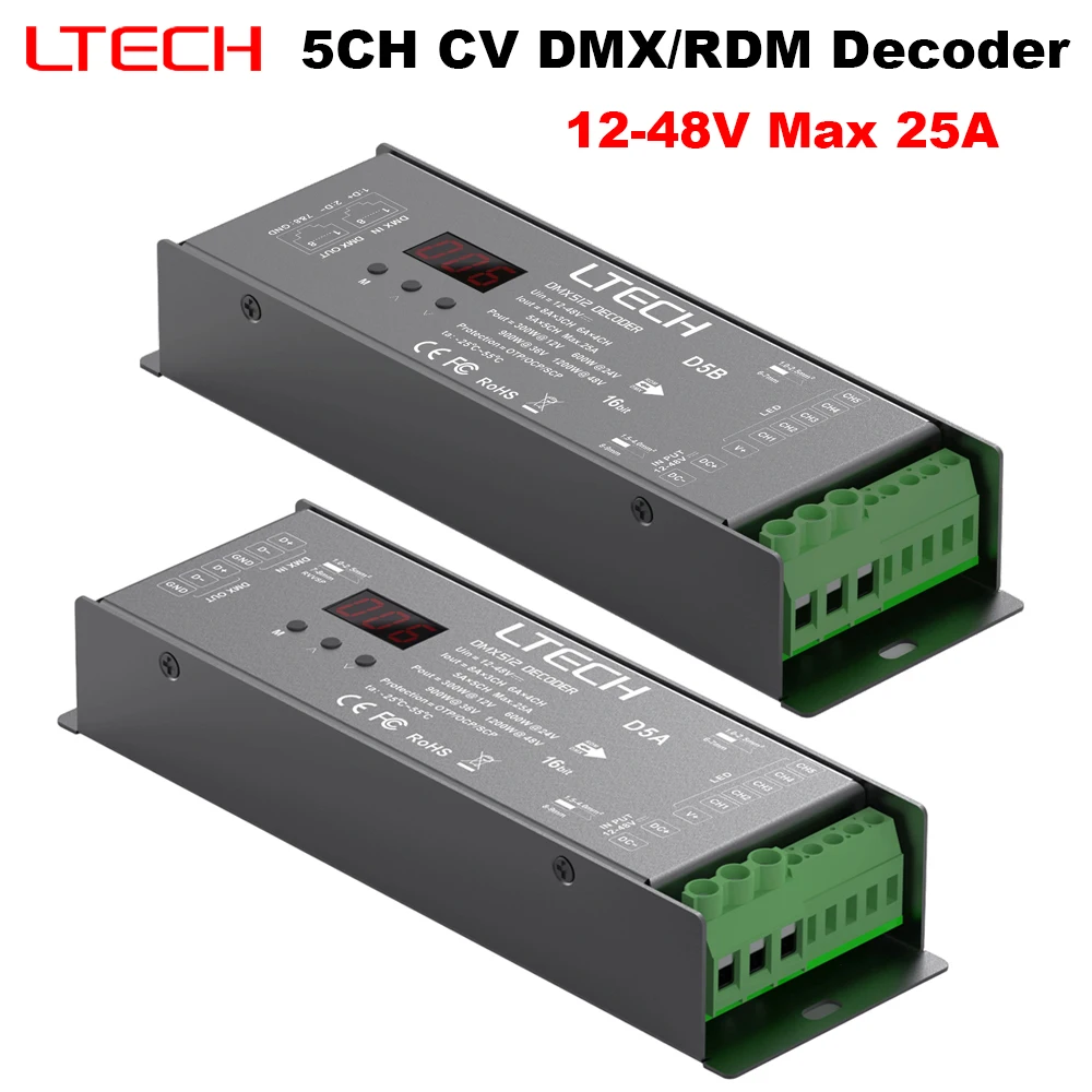 

LTECH DMX512 / RDM 5CH CV Decoder D5A D5B DC12-48V Constant Voltage 5 Channel Control Max.24A