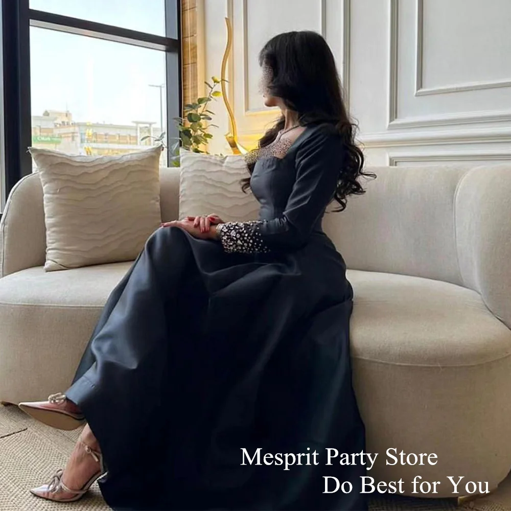 Simple Black Evening Dress Full Sleeves Square Neck Beads Ankle Length A Line Satin Party Gown for Wedding بروم دريسيس