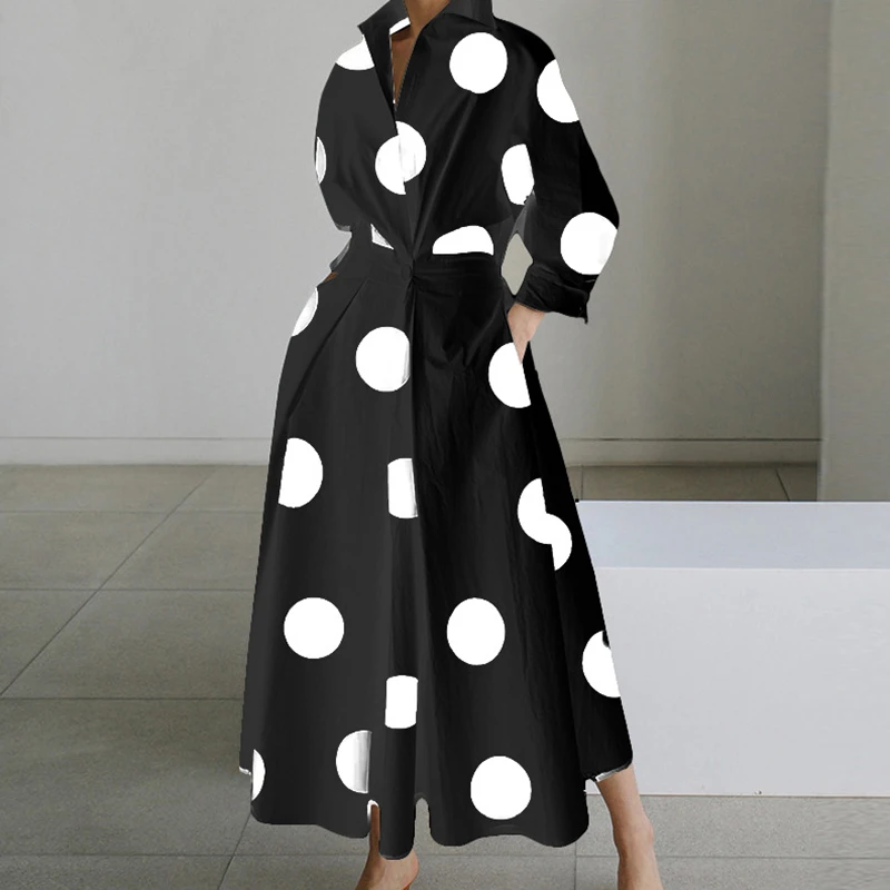 2023 Autumn Elegant Shirt Dress Women Button Long Sleeve Tunic Midi Dress Ladies Office V Neck Print Party Dresses For Women