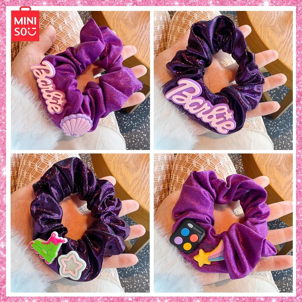 2024 Miniso Barbie New 4-Pcs Romantic Purple Y2K Girl Cute Shiny Tied Hair Horsetail Ring Hair Ornament Birthday Gift