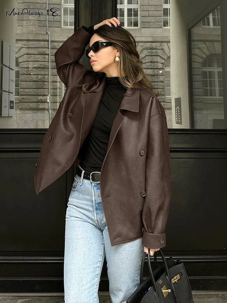 Mnealways18 Vintage Brown Faux Leather Jackets Women Notched Oversize Double-Breasted Business Coats Autumn Winter 2024 Office