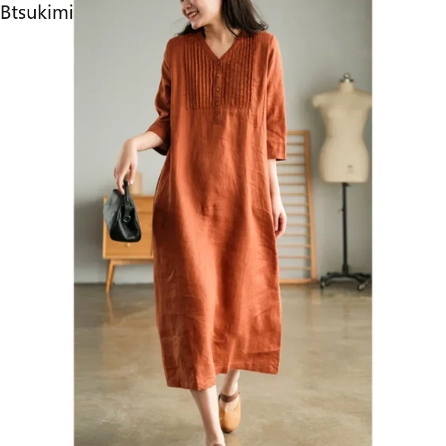 

New2025 Women's Summer Casual Cotton Linen Dress with Half Sleeve V-neck Solid Soft Loose Dress Female Elegant Vestidos De Mujer