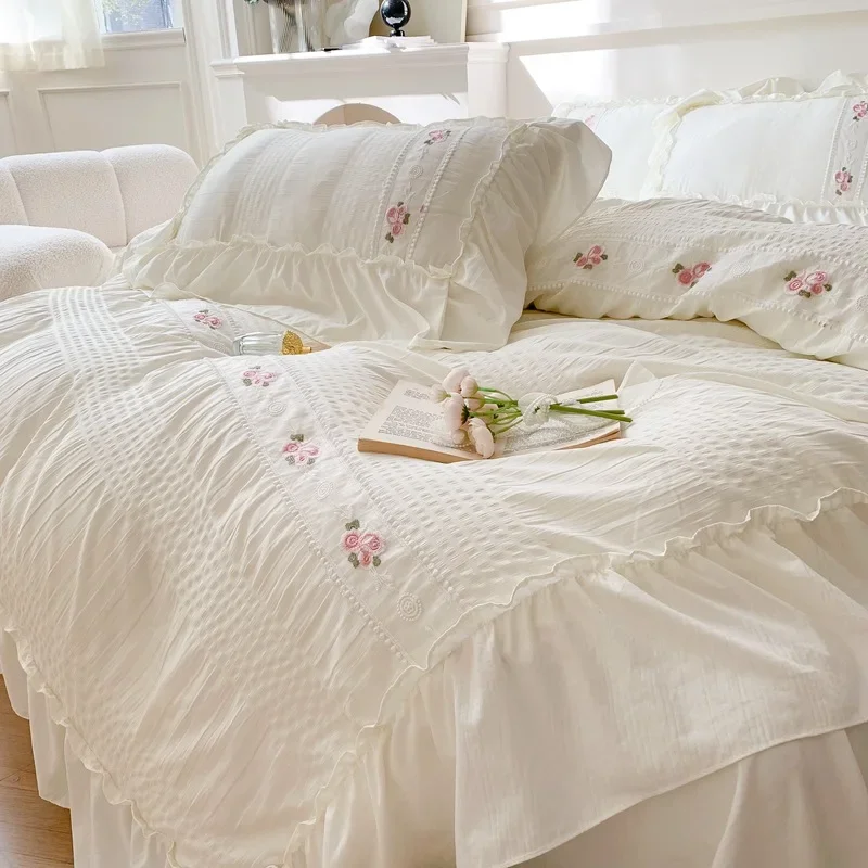 3/4Pcs Bedding Set Korean Princess Ruffle Bedding Set Boiled Cotton Bed Linen Flat Sheet Bed Sheet Duvet Cover Pillowcase