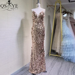 Big Sequins Gold Evening Dresses 2024 Full Mermaid Evening Gown V Neck Spaghetti Straps Fit Golden Women Formal Party Dress