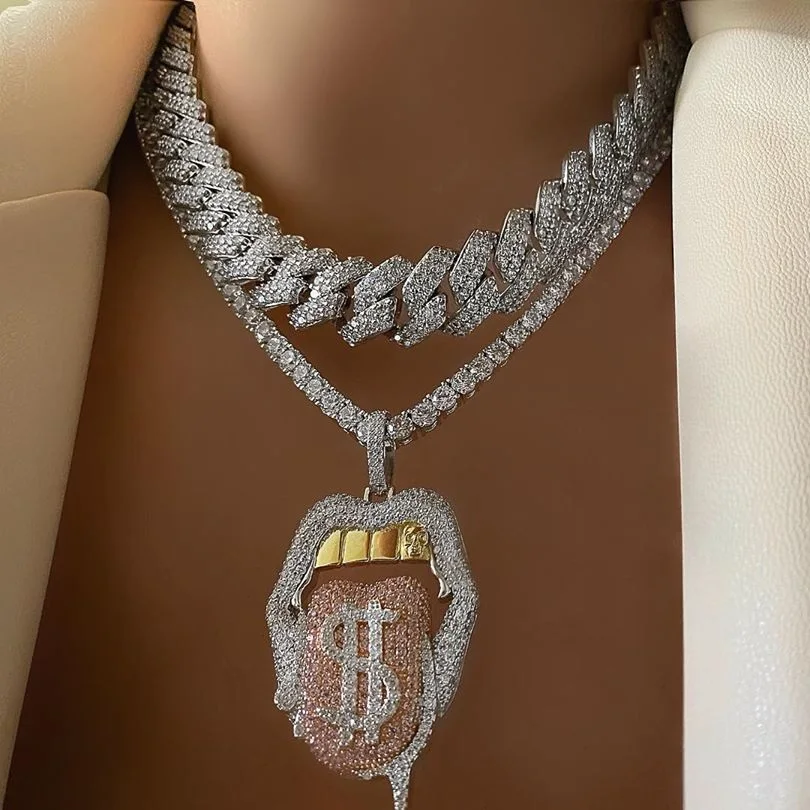 Hot sale Hip Hop Drip Dollar Lip Necklace Jewelry Iced Out Bling CZ Cubic Zirconia Tongue Pendant Tennis Chain Holloween Gift