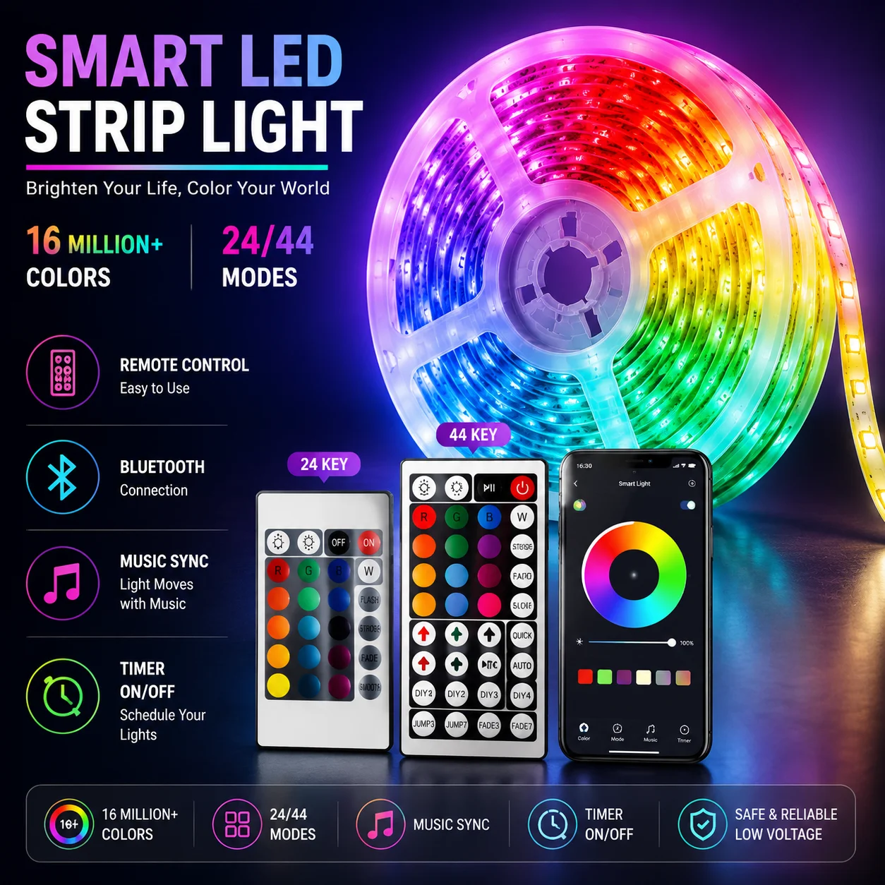 USB RGB LED Strip Bluetooth & Remote Control, 44 Modes Music Sync Millions Gradient Colors Dimmable Bedroom Festival Decor 5050
