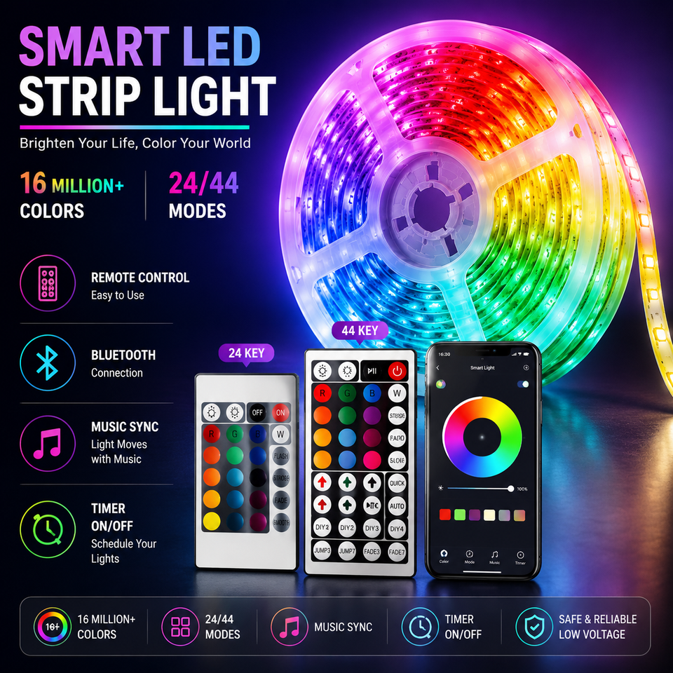  USB RGB LED Strip Bluetooth & Remote Control, 44 Modes Music Sync Millions Gradient Colors Dimmable Bedroom Festival Decor 5050 