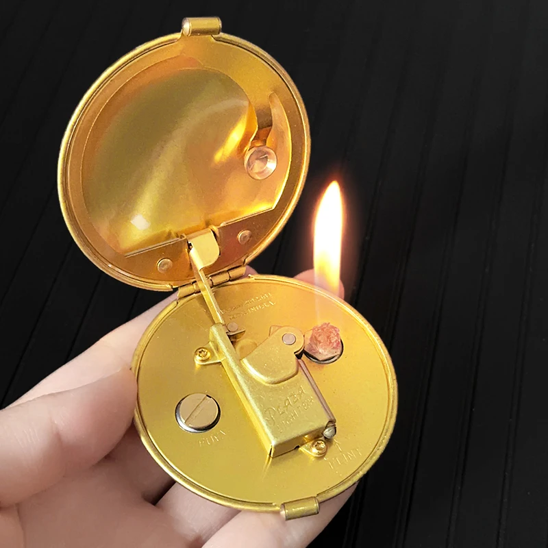 New Creative Handmade Brass Kerosene Lighter Compact Round Semi-automatic Ignition Antique Lighter Collection Handicraft Lighter