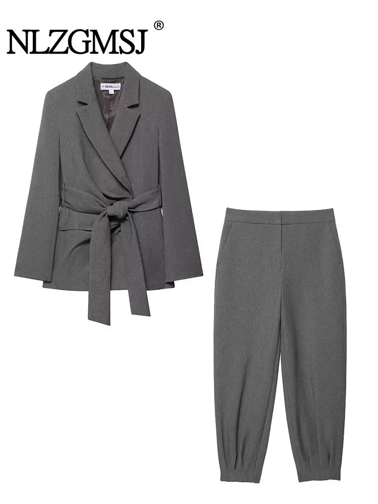 

NLZGMSJ женский осенний повседневный шикарный женский костюм с однотонным поясом и отложным воротником, куртка, брюки на молнии, модные костюмы