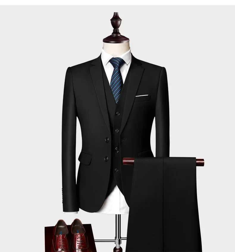 (006) Men\'s Business Casual Suit Set Black Three-piece Suit Trend