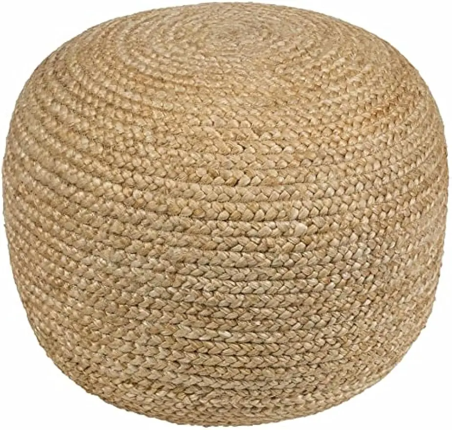 Natural Wicker Jute Round Pouf Braided Woven Foot Stool Natural Fiber Round Cylinder Ottoman 100% Polybead Fill Beige