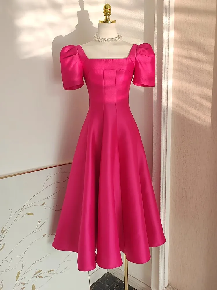 Elegant Thick Satin Special Occasion Evening Prom Dress Women's Square Collar Puff Short Sleeve Solid Wedding Party Midi Vestido