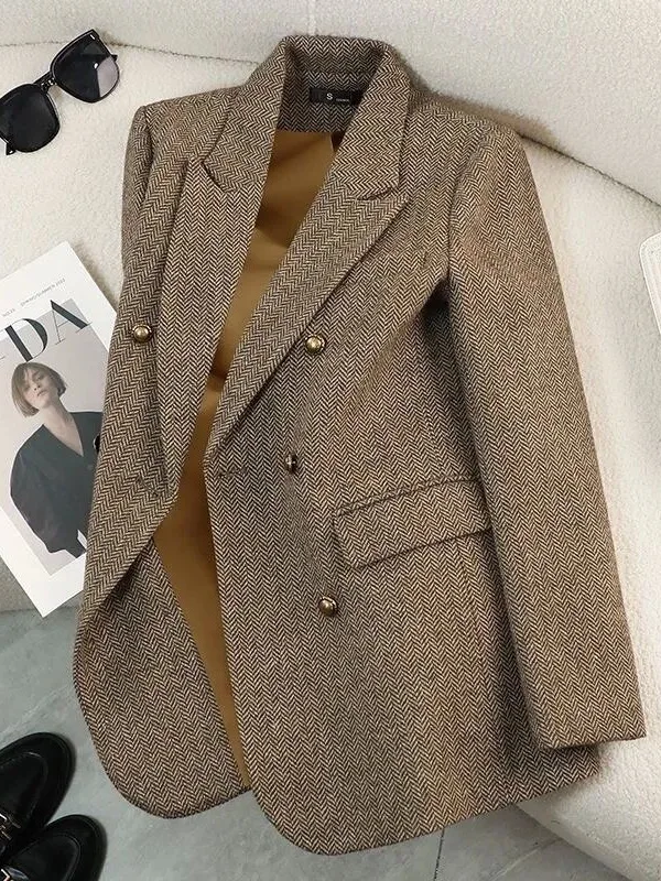 

Женское двубортное пальто Ele с длинными рукавами, цвет кофе, для офиса, с завышенной талией, прямого кроя, больших размеров