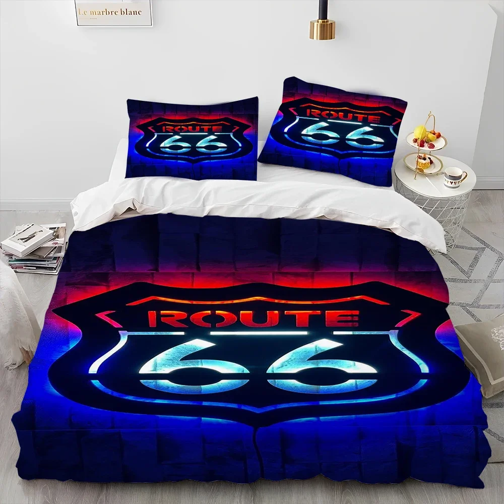 

H-Historic Route 66 Bedding Set Printed Duvet Cover Comfortable Breathable Luxury Cotton Quilt Pillowcase, King Queen Size