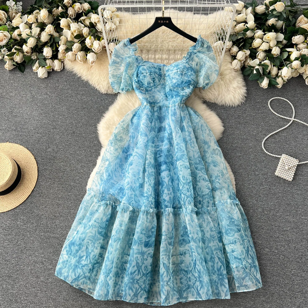 Eleganckie lato z wybiegu siatka wakacyjna długa sukienka Retro damska Puff krótki kwiatowy nadruk falbany wysoki stan Boho Vestidos