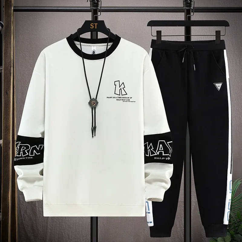 

2024 Men Sweatshirts Fashioin Versatile Hoodies+Sweatpants 2 Piece Sets Round Neck Color Blocking Latter Print Jogger Tracksuit