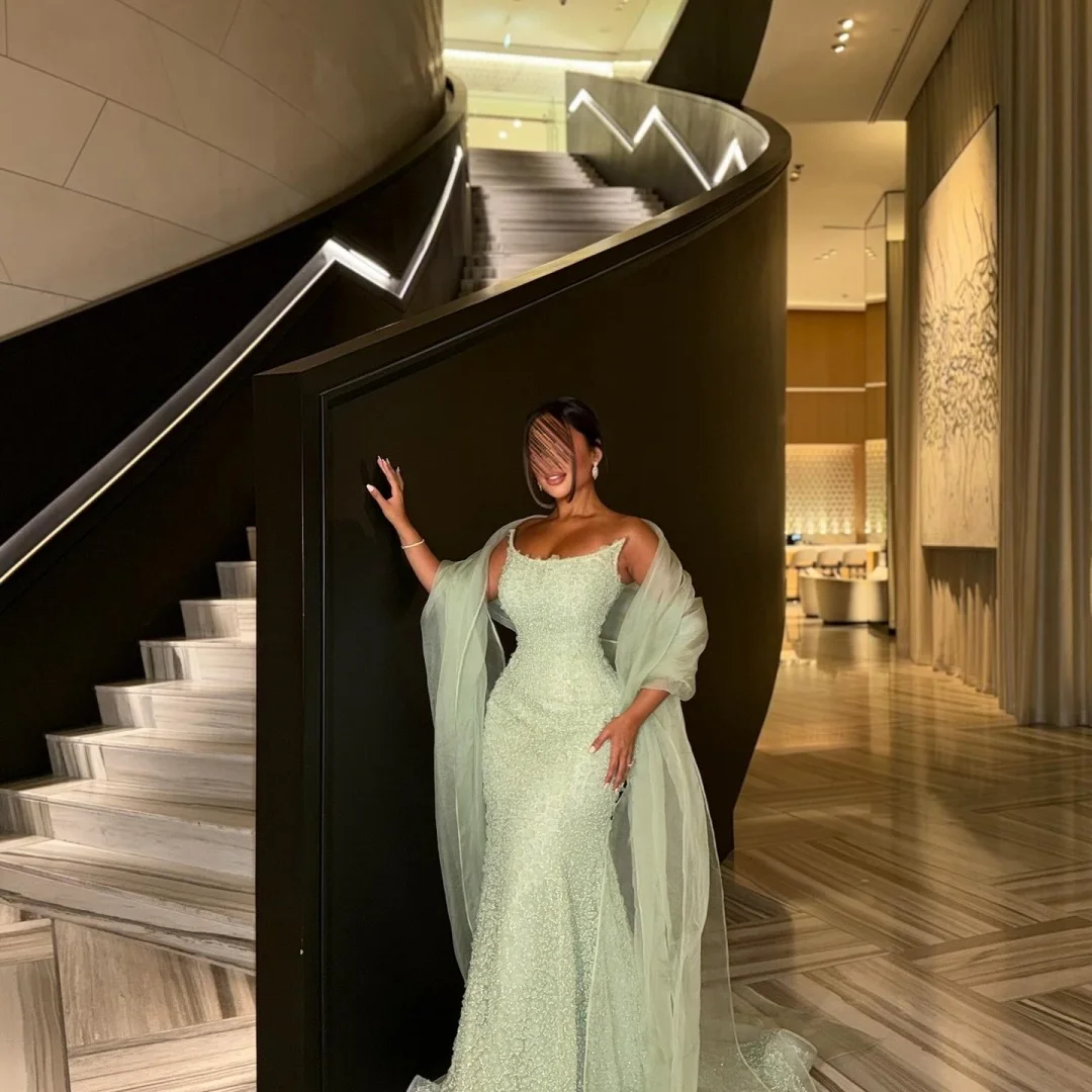 

Amanda Customized Green Prom Dress Beaded Mermaid vestidos de noche Spaghetti Strap Shawl Strapless Floor-Length Formal Evening