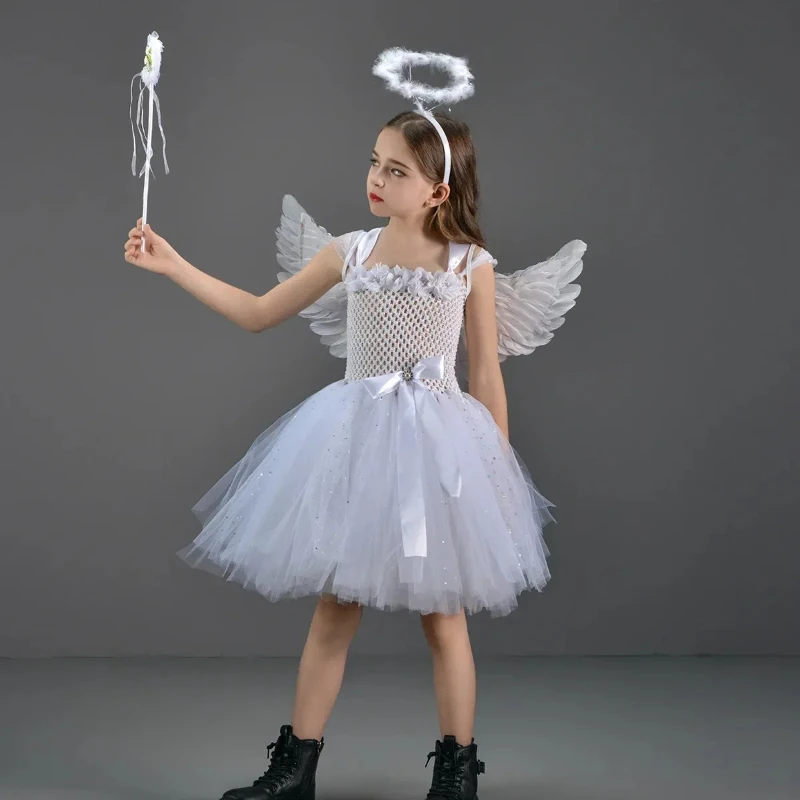 Girls Princess Fairy Cosplay Dress White Angel Tutu Costume for With Wings Halloween Costumes for Kids Girl Clothes Outfit 2-12T