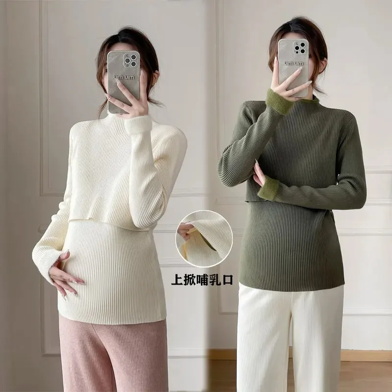 Winter Thick Warm Nursing Sweater Pregnant Women Half High Collar Spliced Mohair Nursing Top Slim Maternity Breastfeeding Shirts