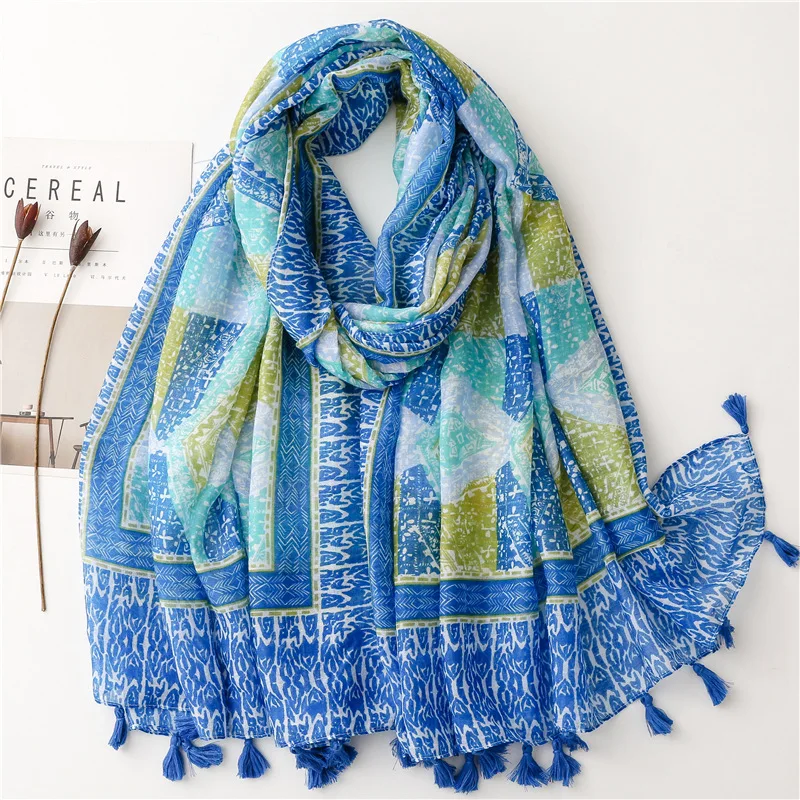 Women's scarf bohemian blue printed neck scarves woman 2024 spring autumn head scarfs women autumn accessories