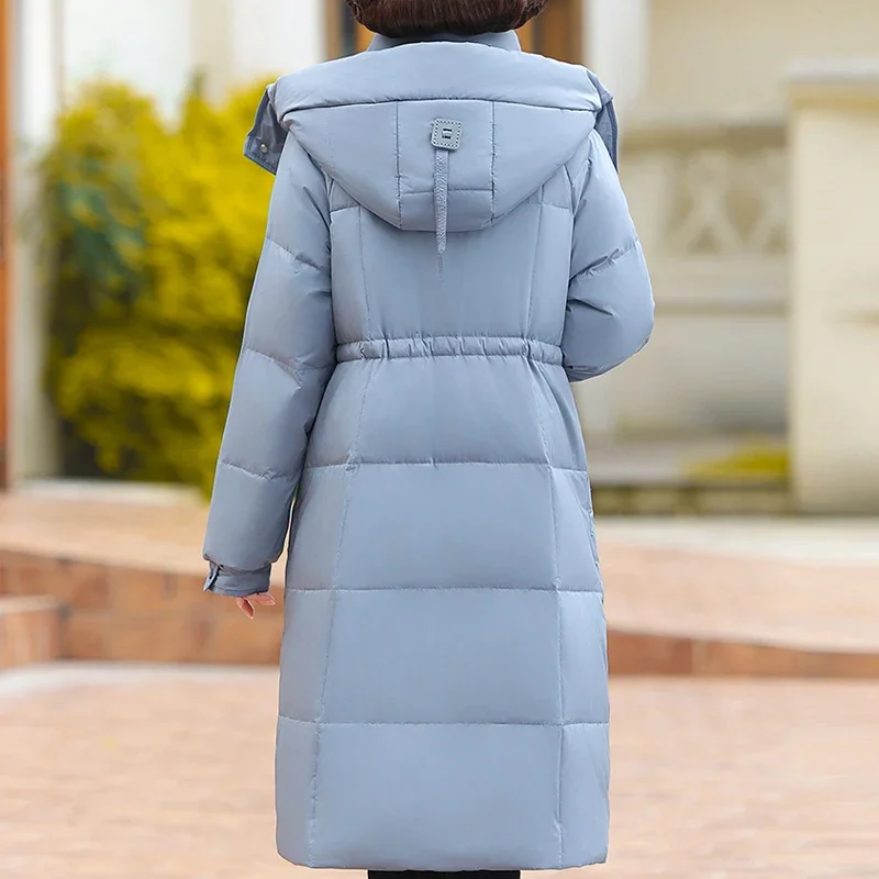 Chaquetas largas de invierno para mujer de mediana edad, abrigos Vintage Prakas con capucha, abrigos elegantes gruesos y cálidos de plumón de pato blanco, prendas de vestir exteriores para mujer