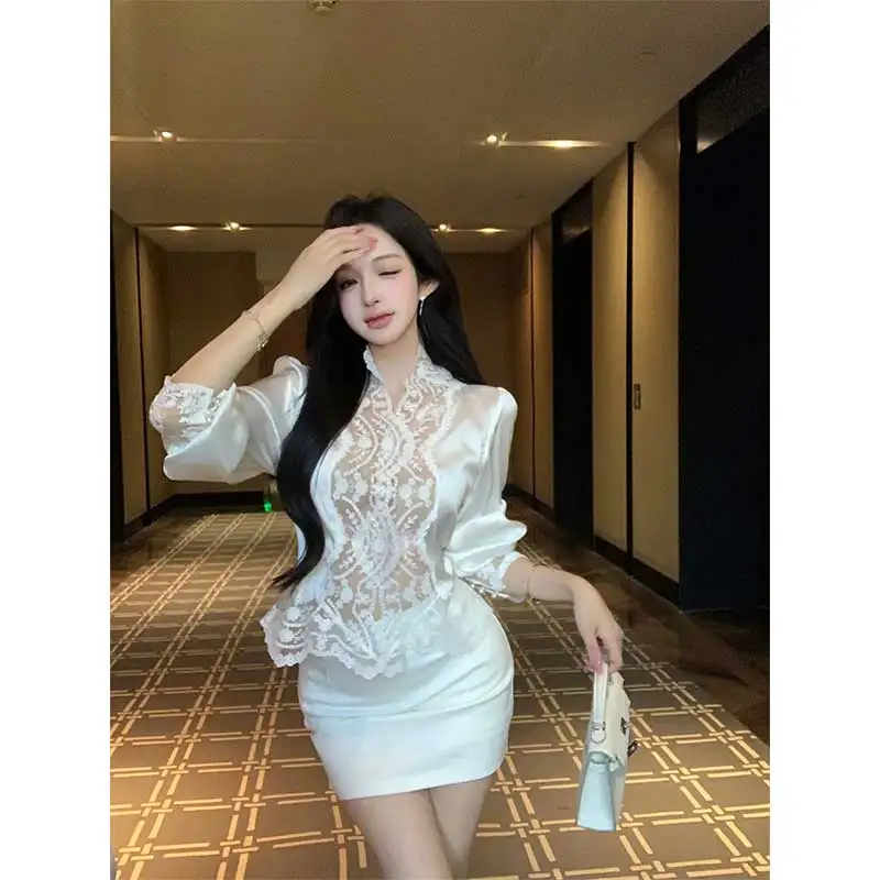 

Женская одежда, весенне-осенний простой тренд, сексуальный кружевной лоскутный однотонный женский атласный кардиган с воротником-стойкой и длинными рукавами