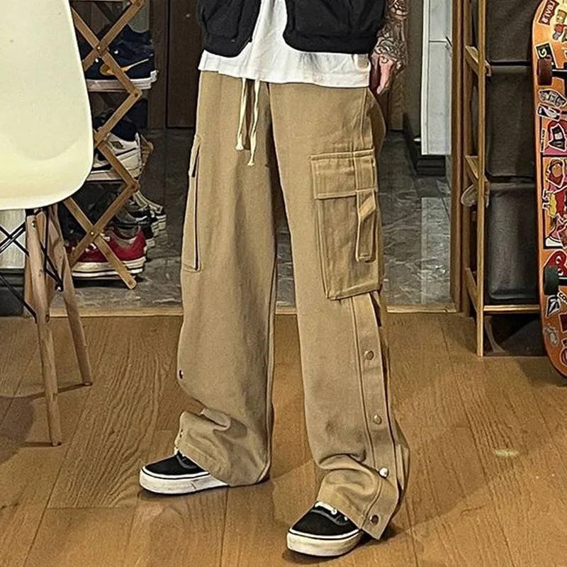 

Summer New Solid Color Fashion Elastic Waist Cargo Pants Man Drawstring Pockets Patchwork Button Pure Cotton Y2K Straight Pants