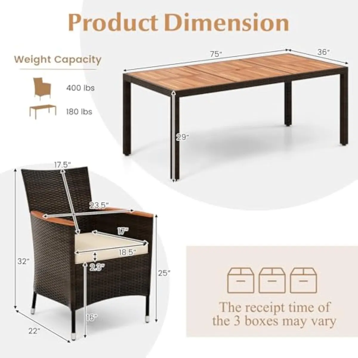 Outdoor dining ensemble for eight persons featuring a 75 inch by 36 inch acacia wood table with centered umbrella aperture and m