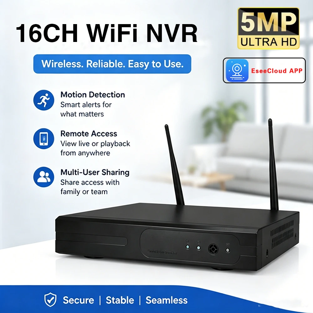 Enregistreur vidéo réseau sans fil WiFi NVR H.265 5MP 16 canaux, application ESeeCloud, visualisation à distance, enregistreur de caméra IP P2P, surveillance CCTV à domicile