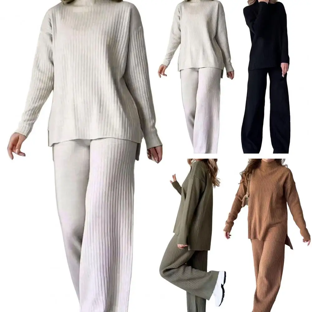 Sets Women Outfits Elegant Turtleneck Long-sleeved Sweater Trouser Suit Solid Color Comfortable Wide Leg Home Conjuntos De Mujer